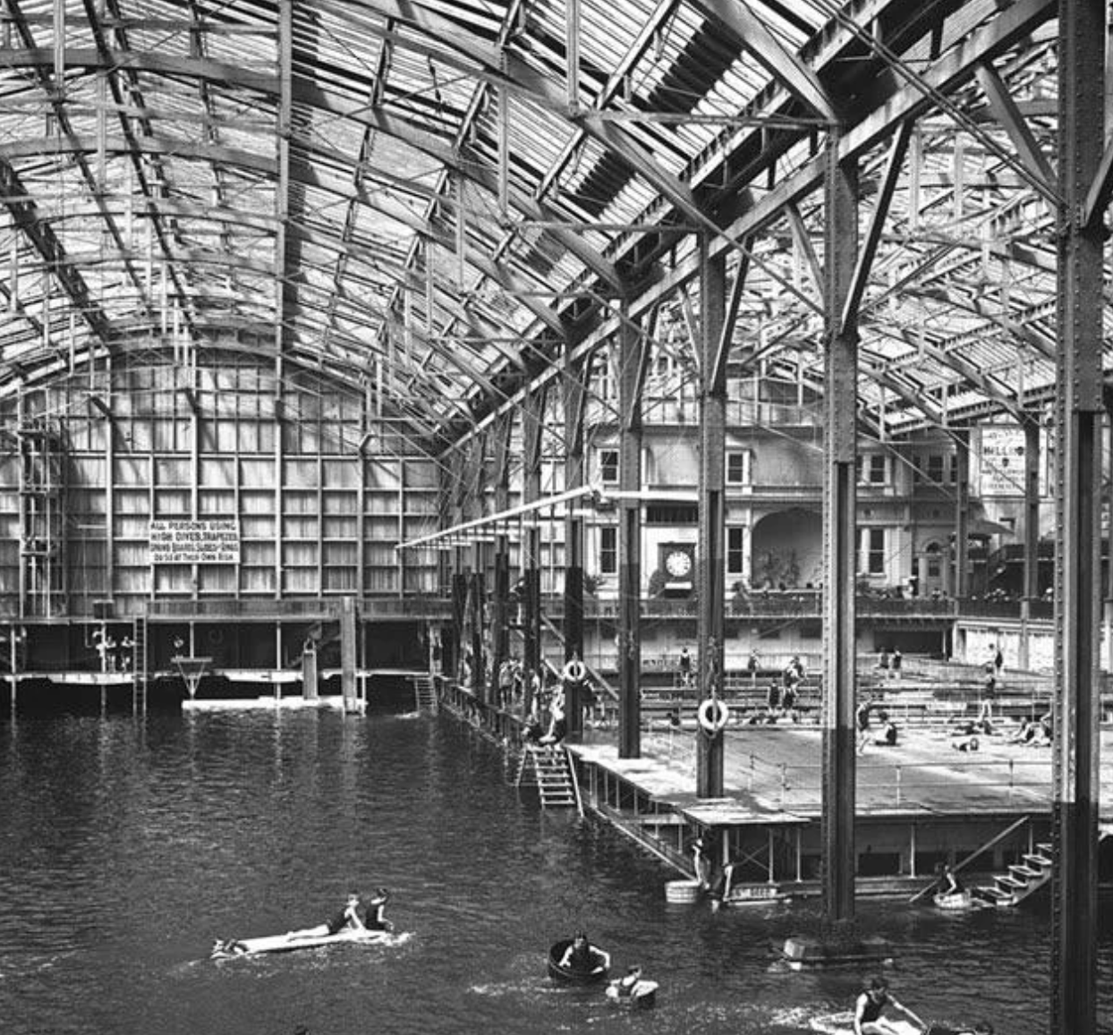 Historic photograph of Sutro Baths showing its pools and glass-and-steel structure