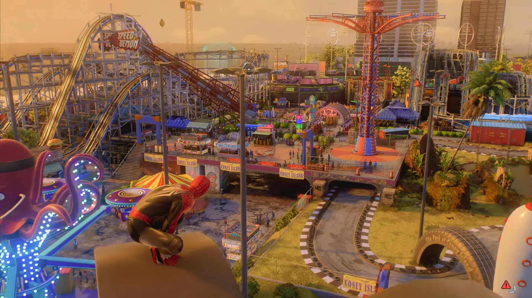 Spider-Man overlooking the rides at Coney Island