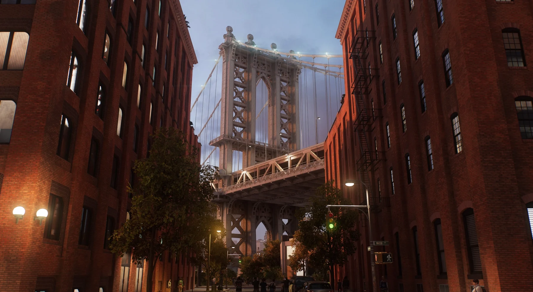 The Manhattan Bridge framed by brick buildings in DUMBO, Brooklyn