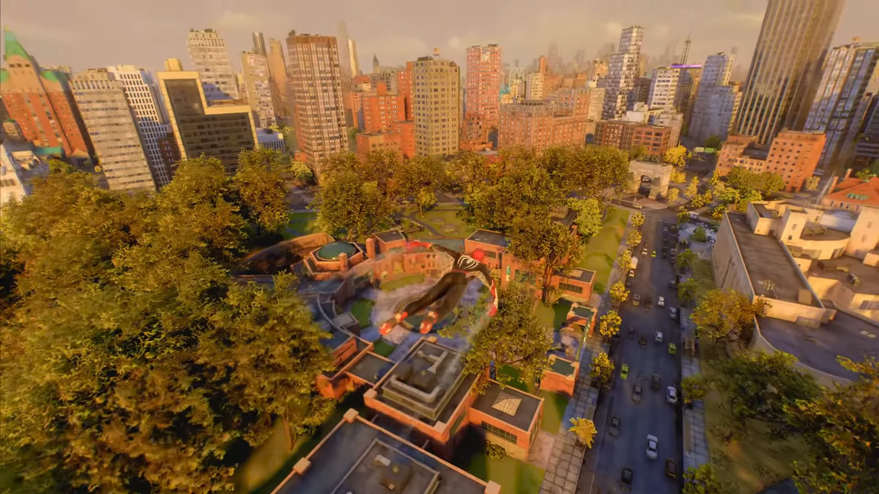 Spider-Man swinging above the Brooklyn zoo and surrounding park