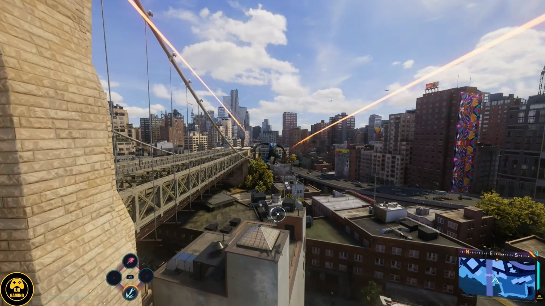 Spider-Man entering Brooklyn beside the Brooklyn Bridge