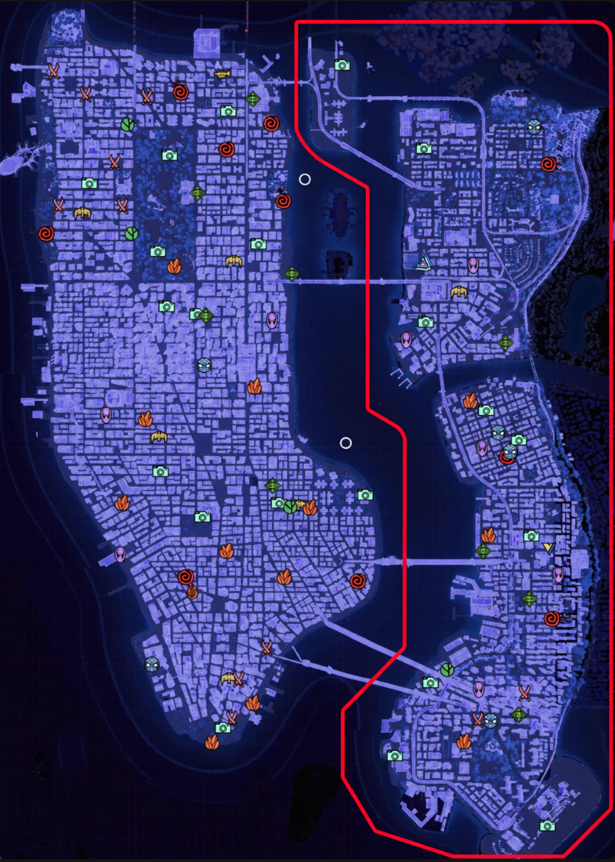 Marvel's Spider-Man 2 map with Brooklyn and Queens outlined in red