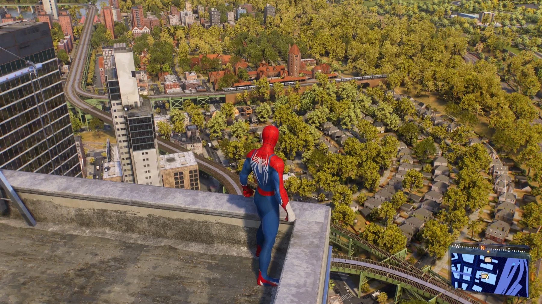 Spider-Man overlooking Astoria and its tree-lined neighborhoods