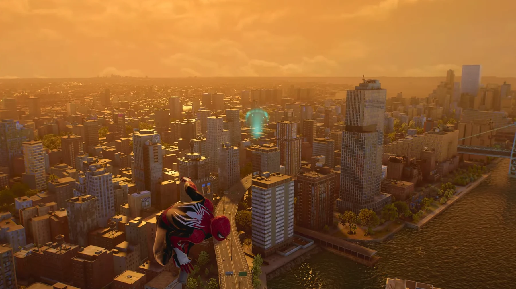 Spider-Man overlooking Queens at sunset