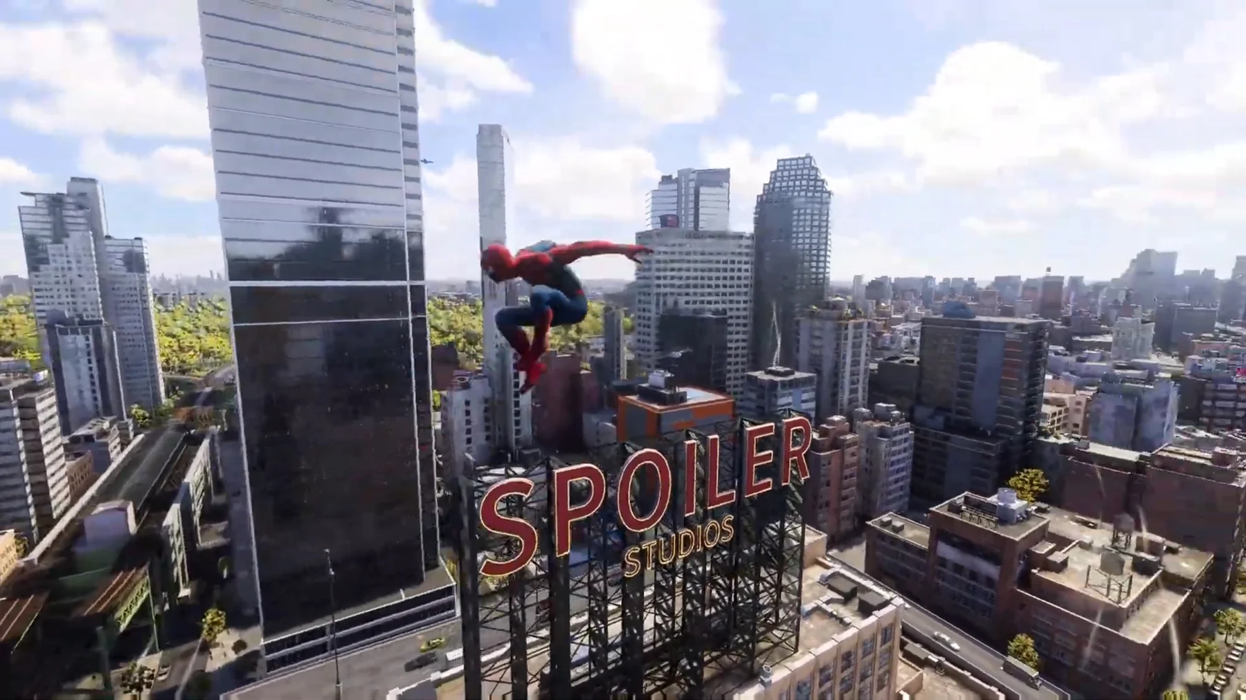 Spider-Man swinging above Spoiler Studios in Queens