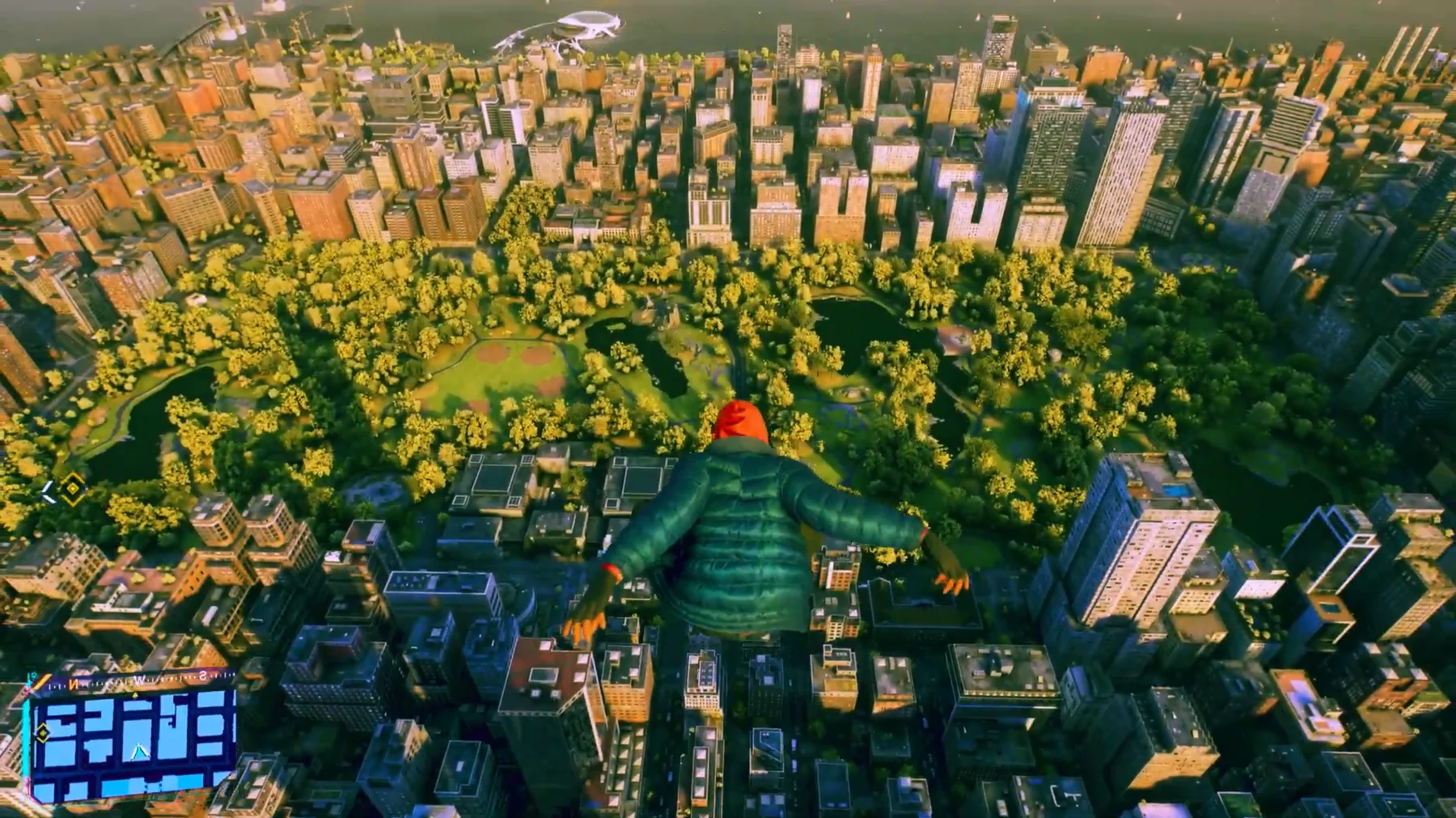 Aerial view of Spider-Man diving toward Central Park