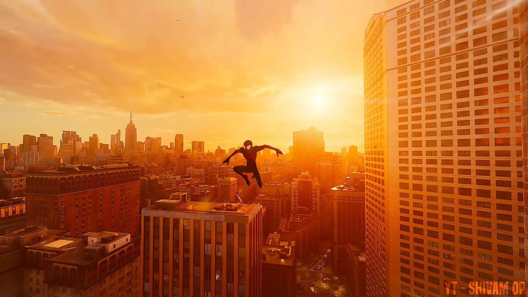 Miles Morales above the edge of Midtown at sunset