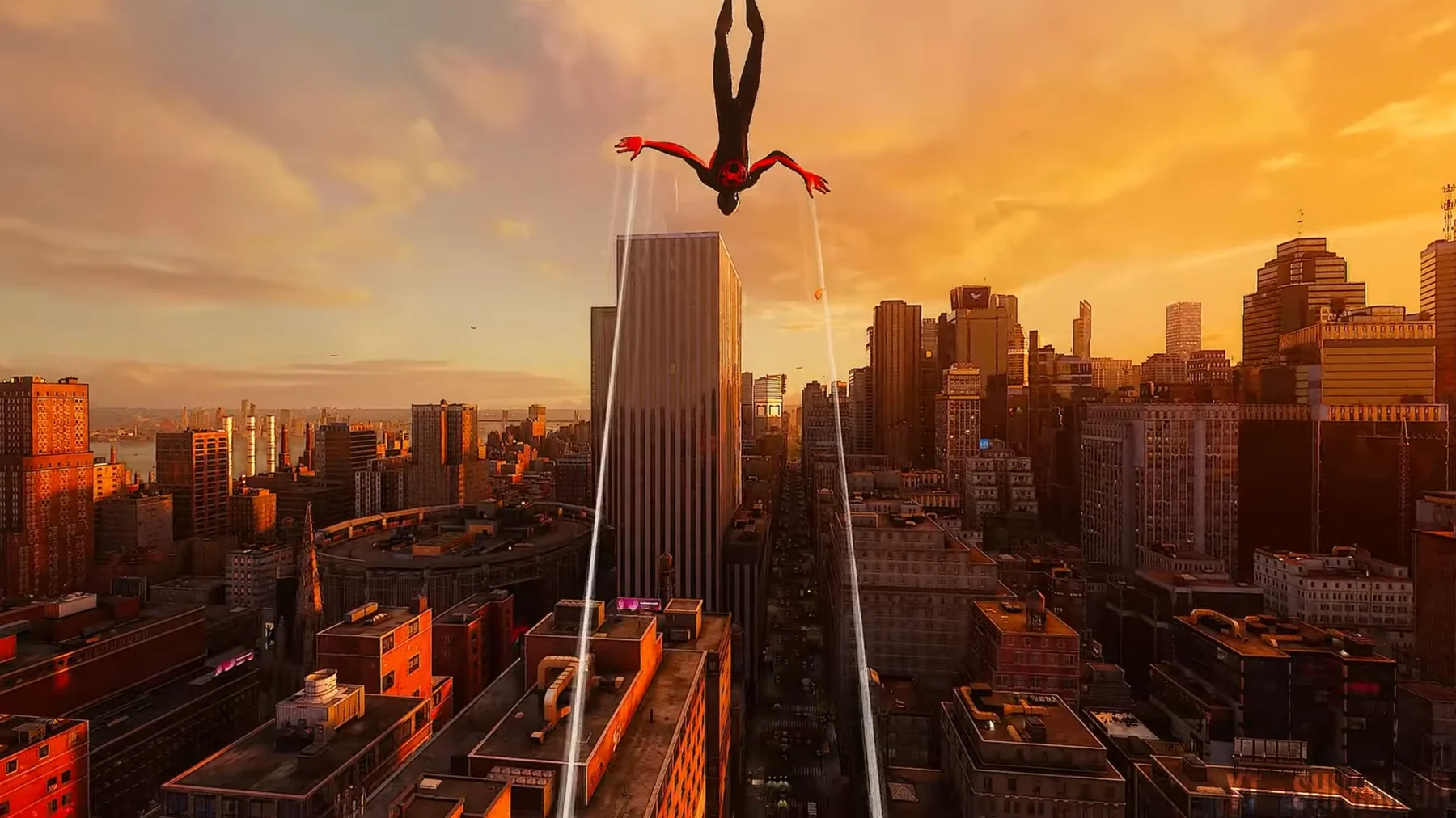 Miles Morales diving over Madison Square at sunset