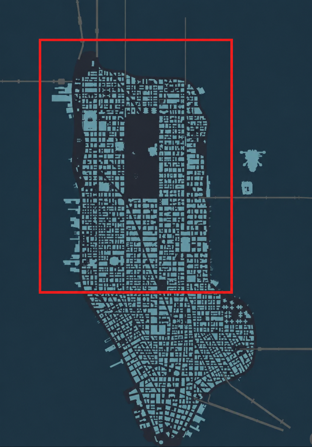 Map of Manhattan with the northern half outlined in a clean red rectangle to show the area designed by Tyler Chiocchio