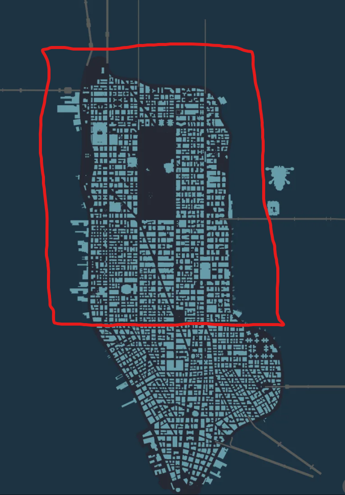 Map of Manhattan with the northern half outlined in red to show the area designed by Tyler Chiocchio