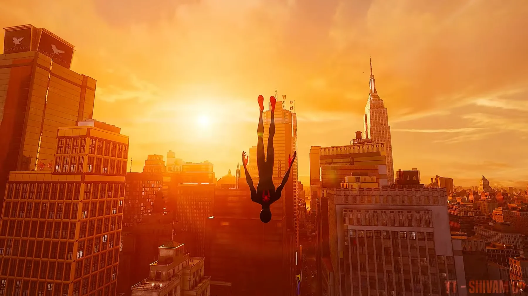 Miles Morales diving over Midtown at sunset with the Empire State Building in view