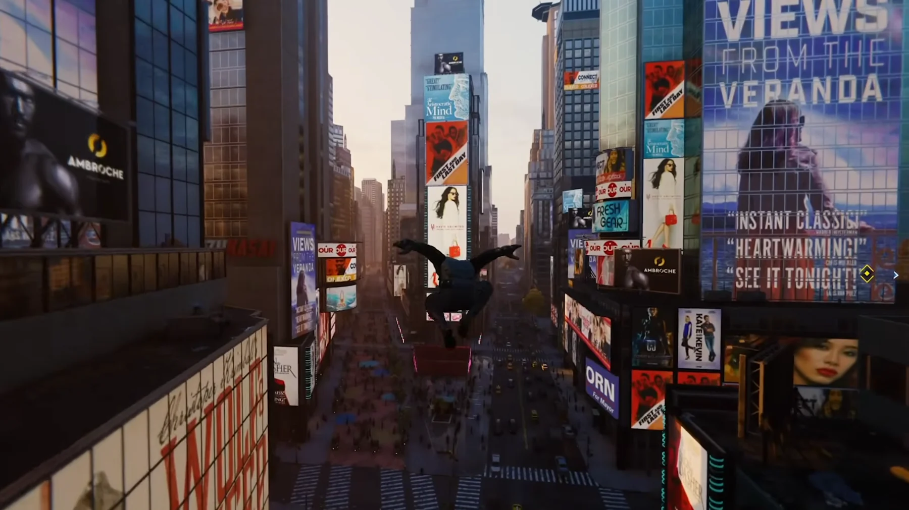 Spider-Man swinging through Times Square